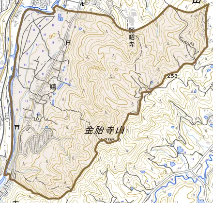 大字嬉とその周辺の地図。町の範囲を重ねている