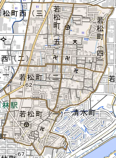 若松町とその周辺の地図。町の範囲を重ねている