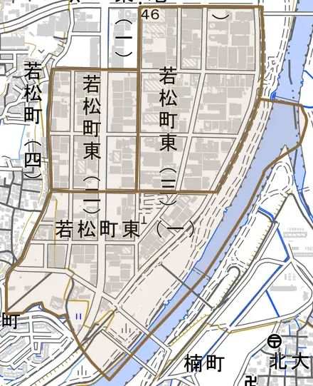 若松町東とその周辺の地図。町の範囲を重ねている