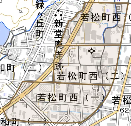 若松町西とその周辺の地図。町の範囲を重ねている