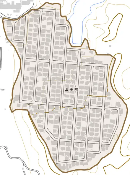 山手町とその周辺の地図。町の範囲を重ねている