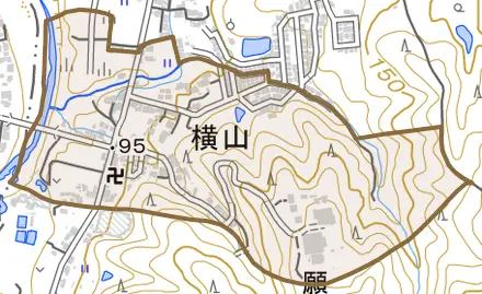 大字横山とその周辺の地図。町の範囲を重ねている
