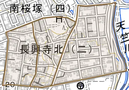 長興寺北とその周辺の地図。町の範囲を重ねている