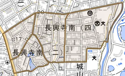 長興寺南とその周辺の地図。町の範囲を重ねている