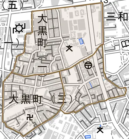 大黒町とその周辺の地図。町の範囲を重ねている