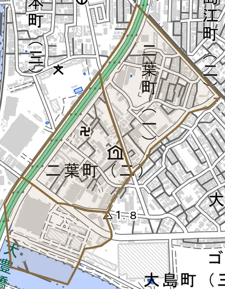 二葉町とその周辺の地図。町の範囲を重ねている