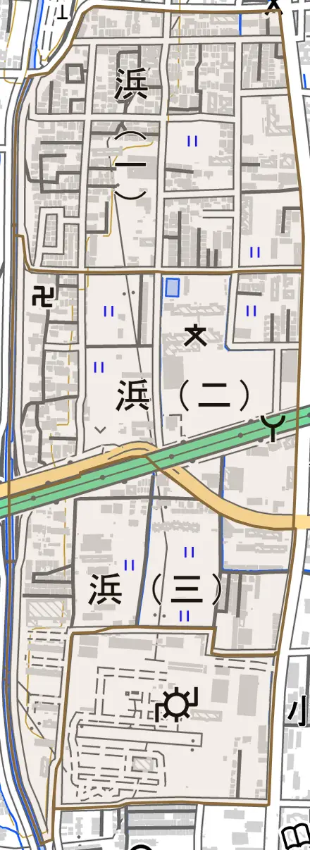 浜とその周辺の地図。町の範囲を重ねている