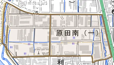 原田南とその周辺の地図。町の範囲を重ねている