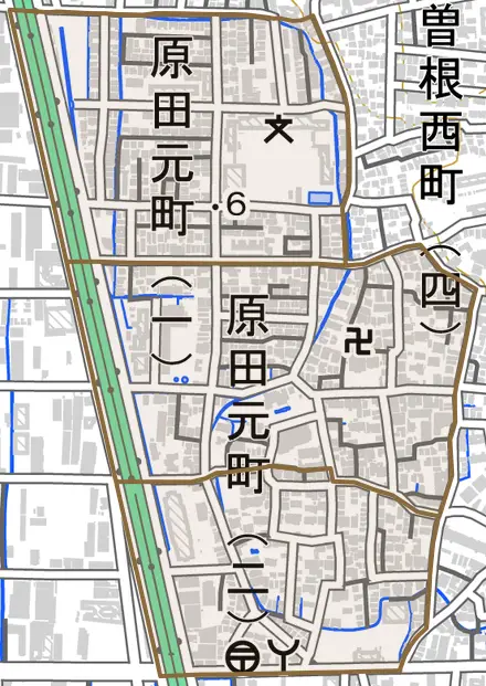 原田元町とその周辺の地図。町の範囲を重ねている