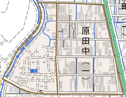 原田中とその周辺の地図。町の範囲を重ねている