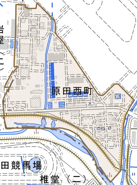 原田西町とその周辺の地図。町の範囲を重ねている