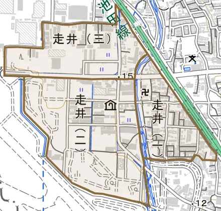 走井とその周辺の地図。町の範囲を重ねている