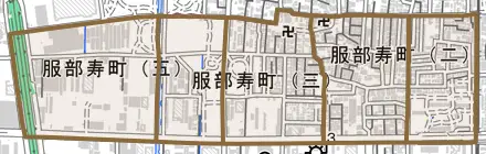 服部寿町とその周辺の地図。町の範囲を重ねている