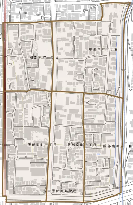 服部南町とその周辺の地図。町の範囲を重ねている