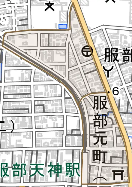 服部元町とその周辺の地図。町の範囲を重ねている