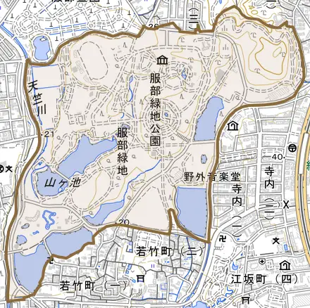 服部緑地とその周辺の地図。町の範囲を重ねている