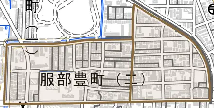 服部豊町とその周辺の地図。町の範囲を重ねている