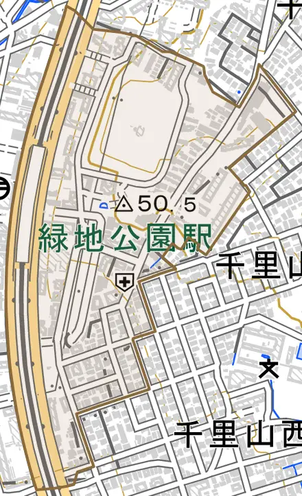 東寺内町とその周辺の地図。町の範囲を重ねている