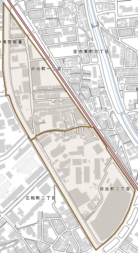 日出町とその周辺の地図。町の範囲を重ねている