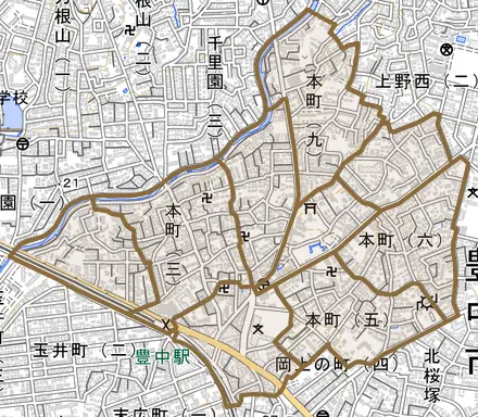 本町とその周辺の地図。町の範囲を重ねている