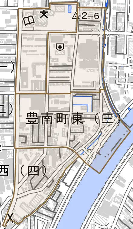 豊南町東とその周辺の地図。町の範囲を重ねている