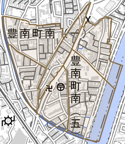 豊南町南とその周辺の地図。町の範囲を重ねている