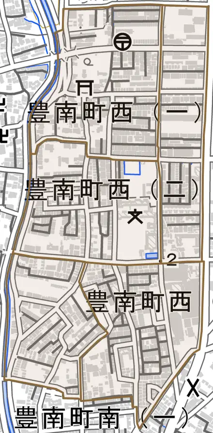 豊南町西とその周辺の地図。町の範囲を重ねている