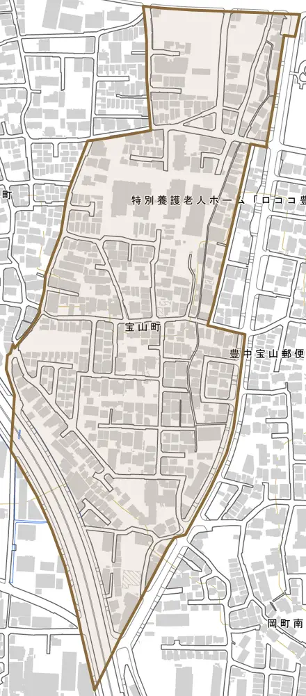 宝山町とその周辺の地図。町の範囲を重ねている