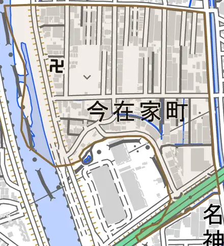 今在家町とその周辺の地図。町の範囲を重ねている
