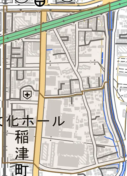 稲津町とその周辺の地図。町の範囲を重ねている