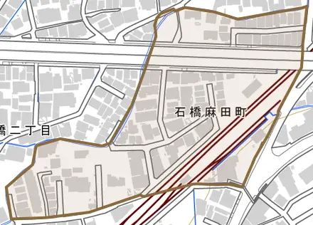 石橋麻田町とその周辺の地図。町の範囲を重ねている