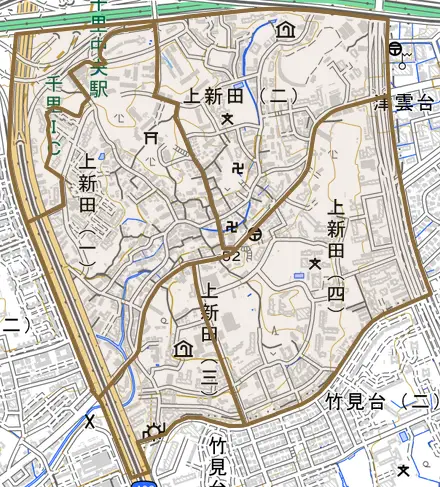 上新田とその周辺の地図。町の範囲を重ねている