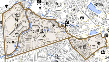 北緑丘とその周辺の地図。町の範囲を重ねている