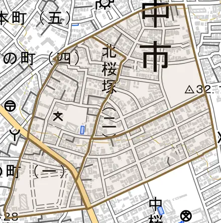北桜塚とその周辺の地図。町の範囲を重ねている