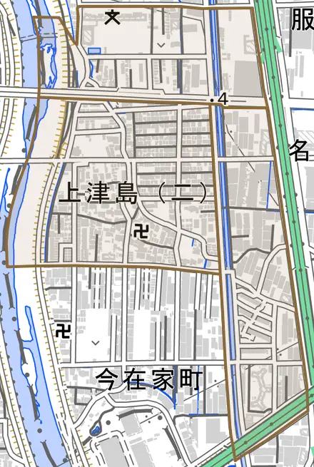 上津島とその周辺の地図。町の範囲を重ねている