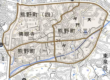 熊野町とその周辺の地図。町の範囲を重ねている