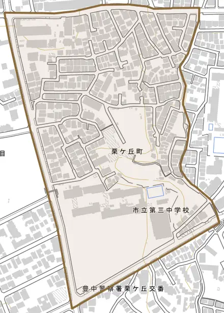 栗ケ丘町とその周辺の地図。町の範囲を重ねている