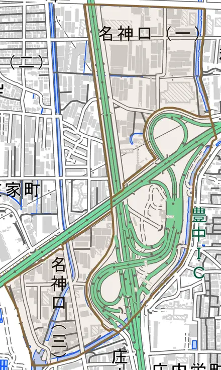 名神口とその周辺の地図。町の範囲を重ねている
