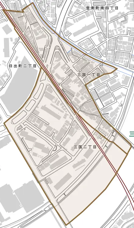 三国とその周辺の地図。町の範囲を重ねている