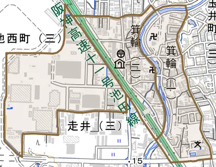 箕輪とその周辺の地図。町の範囲を重ねている