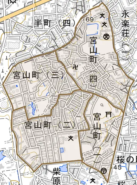 宮山町とその周辺の地図。町の範囲を重ねている