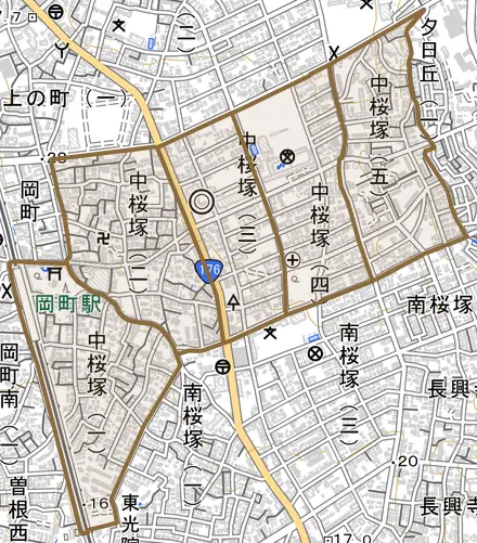 中桜塚とその周辺の地図。町の範囲を重ねている