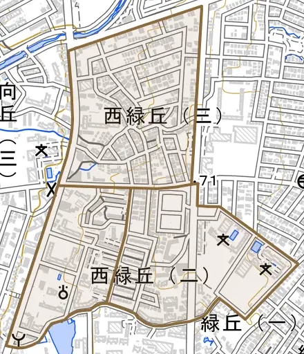 西緑丘とその周辺の地図。町の範囲を重ねている