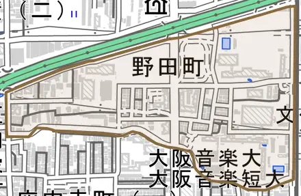 野田町とその周辺の地図。町の範囲を重ねている