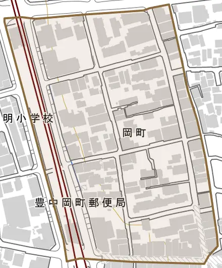 岡町とその周辺の地図。町の範囲を重ねている