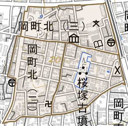 岡町北とその周辺の地図。町の範囲を重ねている