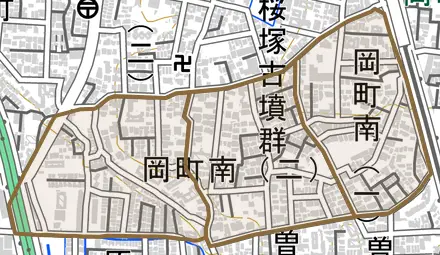 岡町南とその周辺の地図。町の範囲を重ねている