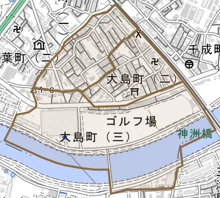 大島町とその周辺の地図。町の範囲を重ねている