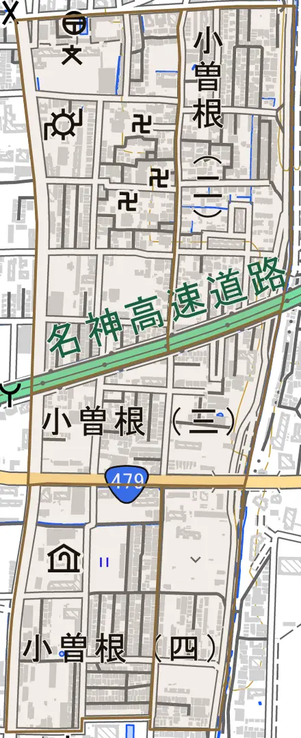 小曽根とその周辺の地図。町の範囲を重ねている