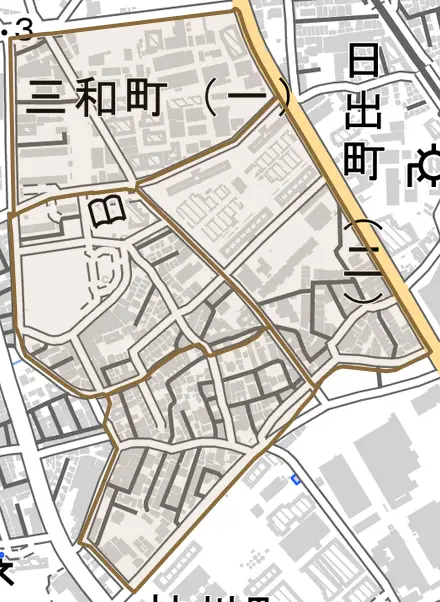 三和町とその周辺の地図。町の範囲を重ねている